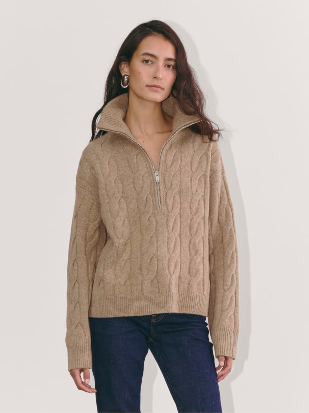 Everlane The Cable Half-Zip in Luxe Merino Sweater Size S Camel